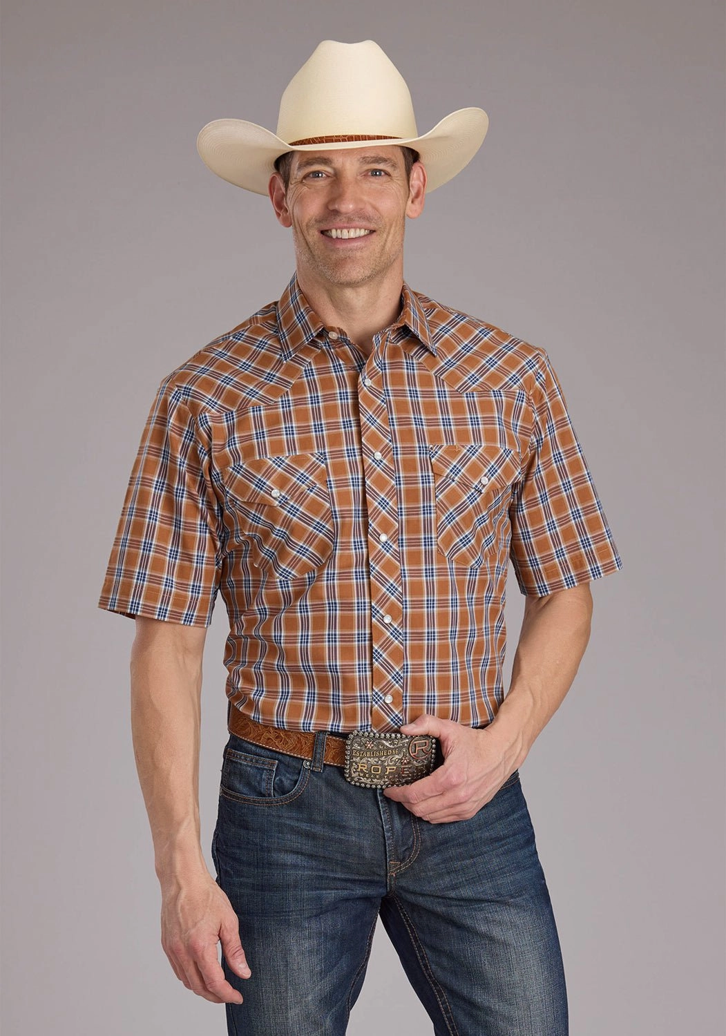 Roper Mens 2411 Plaid Rust Cotton Blend S/S Shirt Flexible Mobility