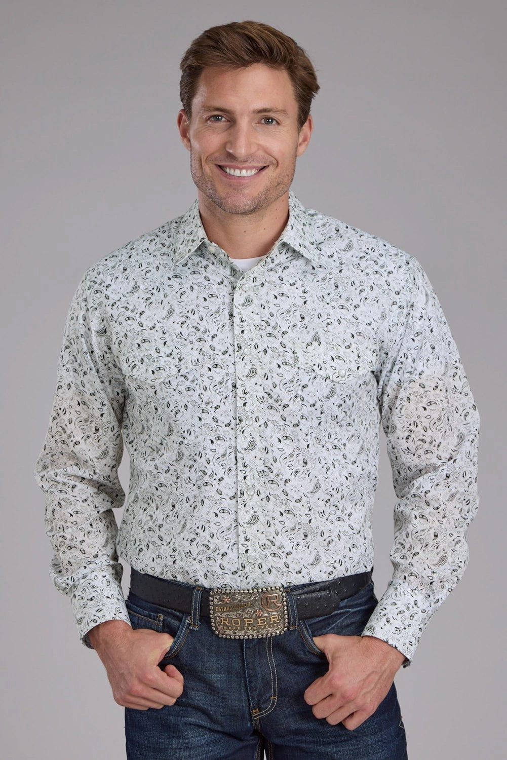 Stylish Appearance Odor Resistant Roper Mens 2428 Paisley Black/White Cotton Blend L/S Shirt