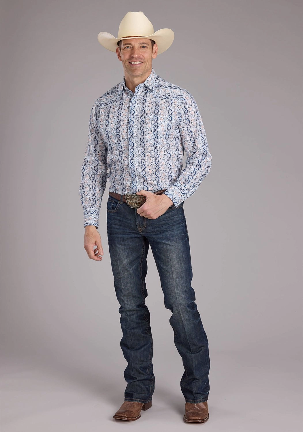 Ultra Soft Interior Roper Mens 2429 Paisley Trellis Blue Cotton Blend L/S Shirt