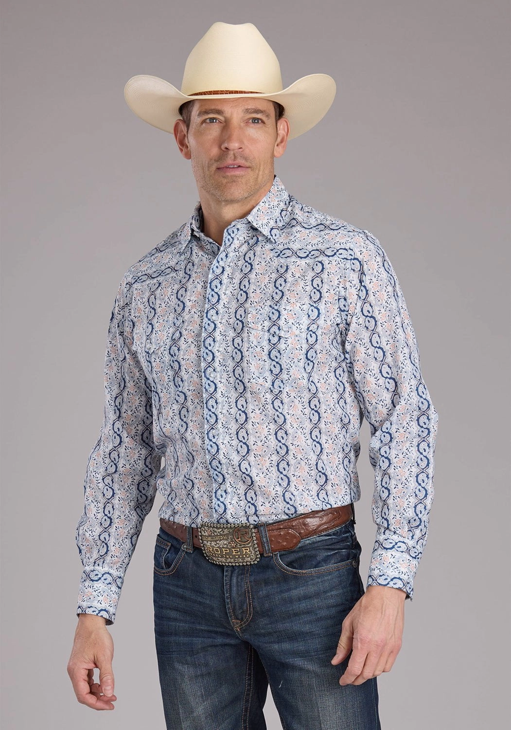 Travel Friendly Stylish Element Roper Mens 2429 Paisley Trellis Blue Cotton Blend L/S Shirt