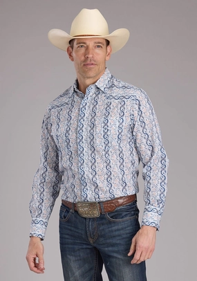 Travel Friendly Stylish Element Roper Mens 2429 Paisley Trellis Blue Cotton Blend L/S Shirt
