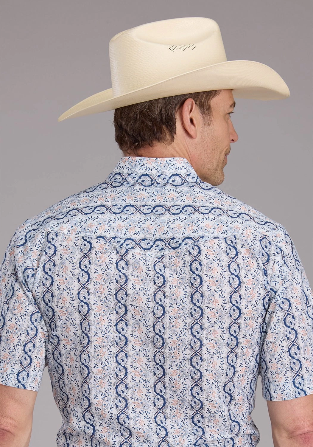 Roper Mens 2429 Paisley Trellis Blue Cotton Blend S/S Shirt Soft touch finish Camouflage Print