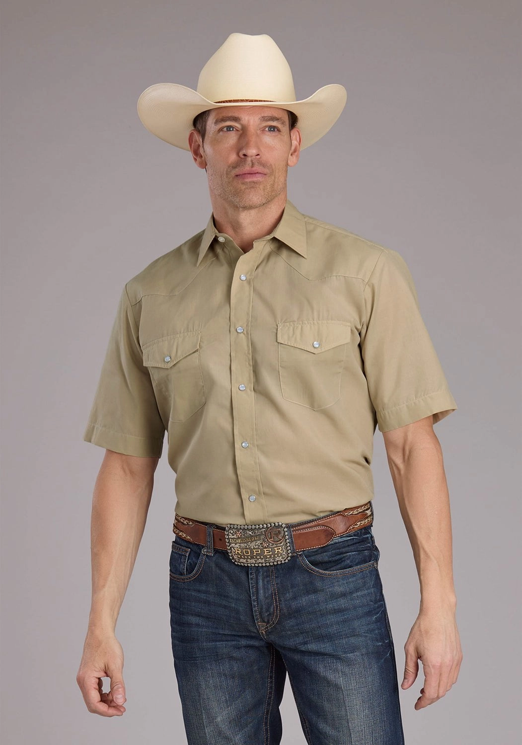 Roper Mens 2445 Broadcloth Tan Cotton Blend S/S Shirt Dressy look