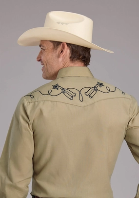 Matte Look Non Irritating Tags Roper Mens 2445 Solid Broadcloth Tan Cotton Blend L/S Shirt