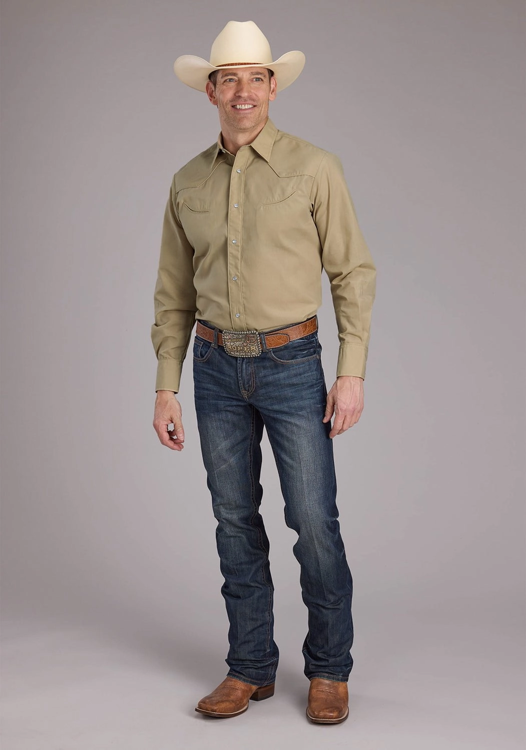 Roper Mens 2445 Solid Broadcloth Tan Cotton Blend L/S Shirt Edgy Design