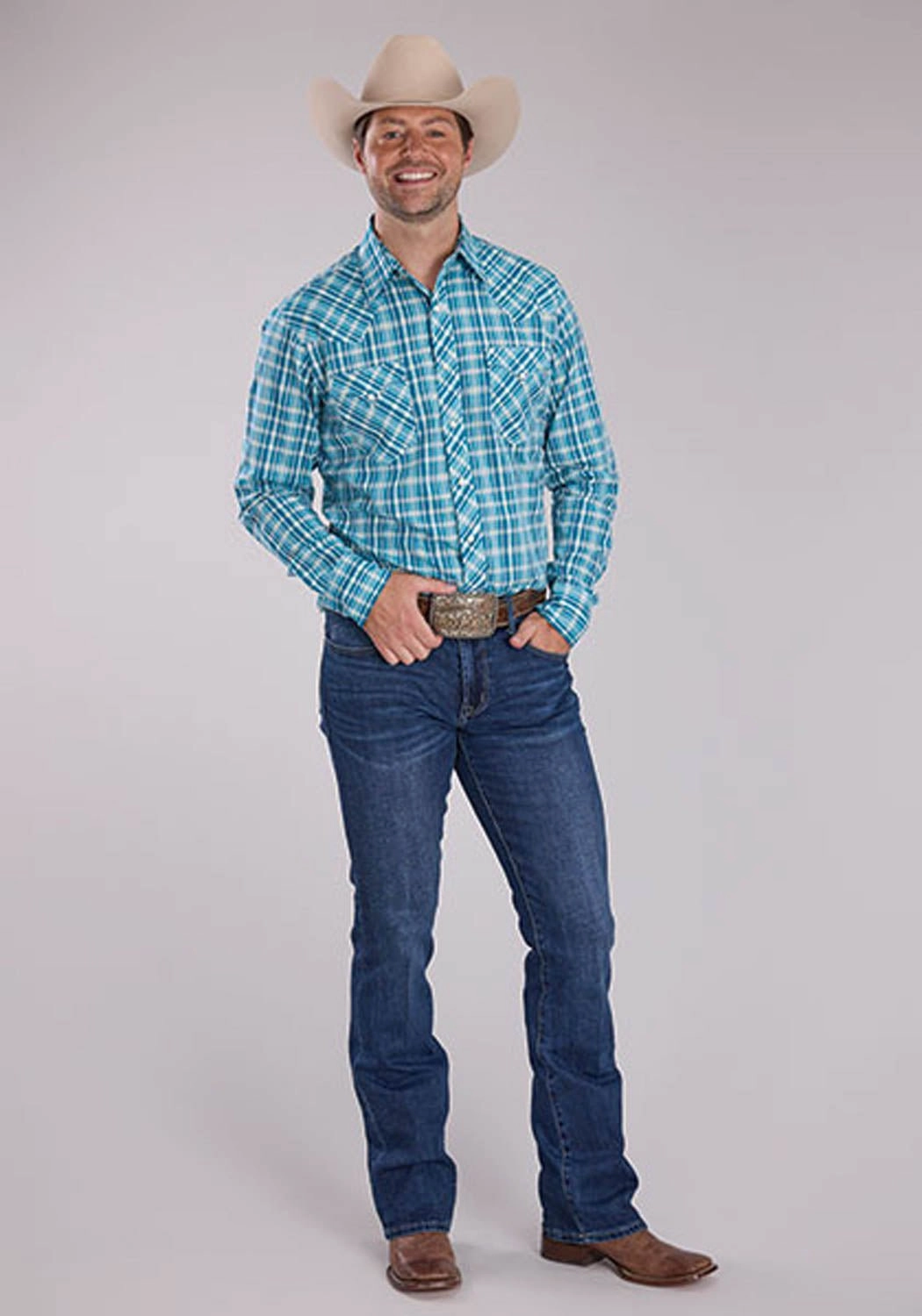 Cocktail Party Roper Mens 2466 Ocean Dobby Blue 100% Cotton L/S Shirt