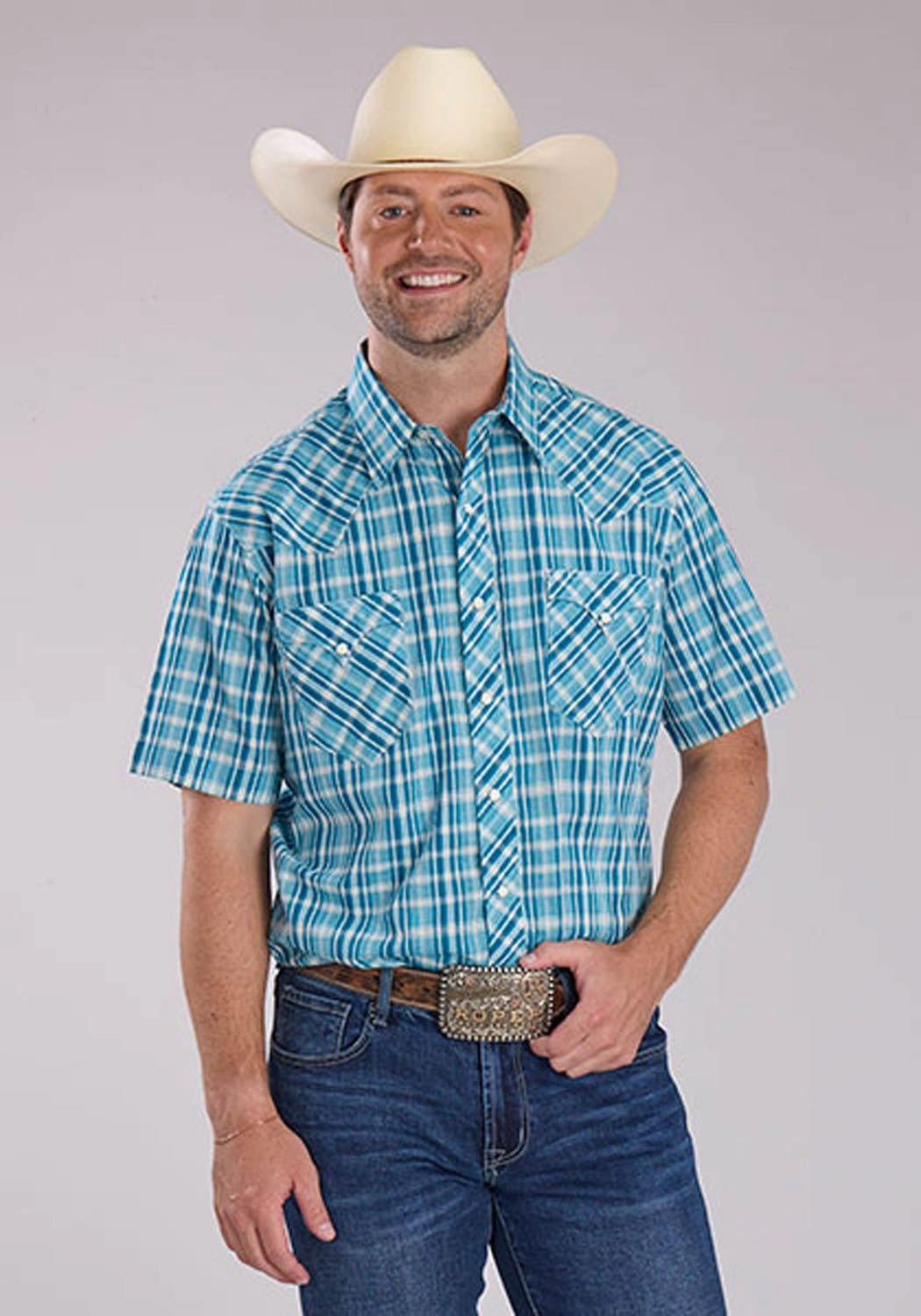 Yoke Design Round Collar Roper Mens 2466 Ocean Dobby Blue 100% Cotton S/S Shirt