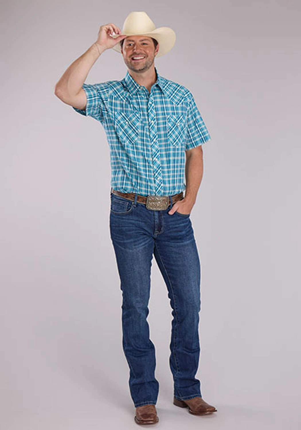 Roper Mens 2466 Ocean Dobby Blue 100% Cotton S/S Shirt Year-Round Wear Vibrant Hue