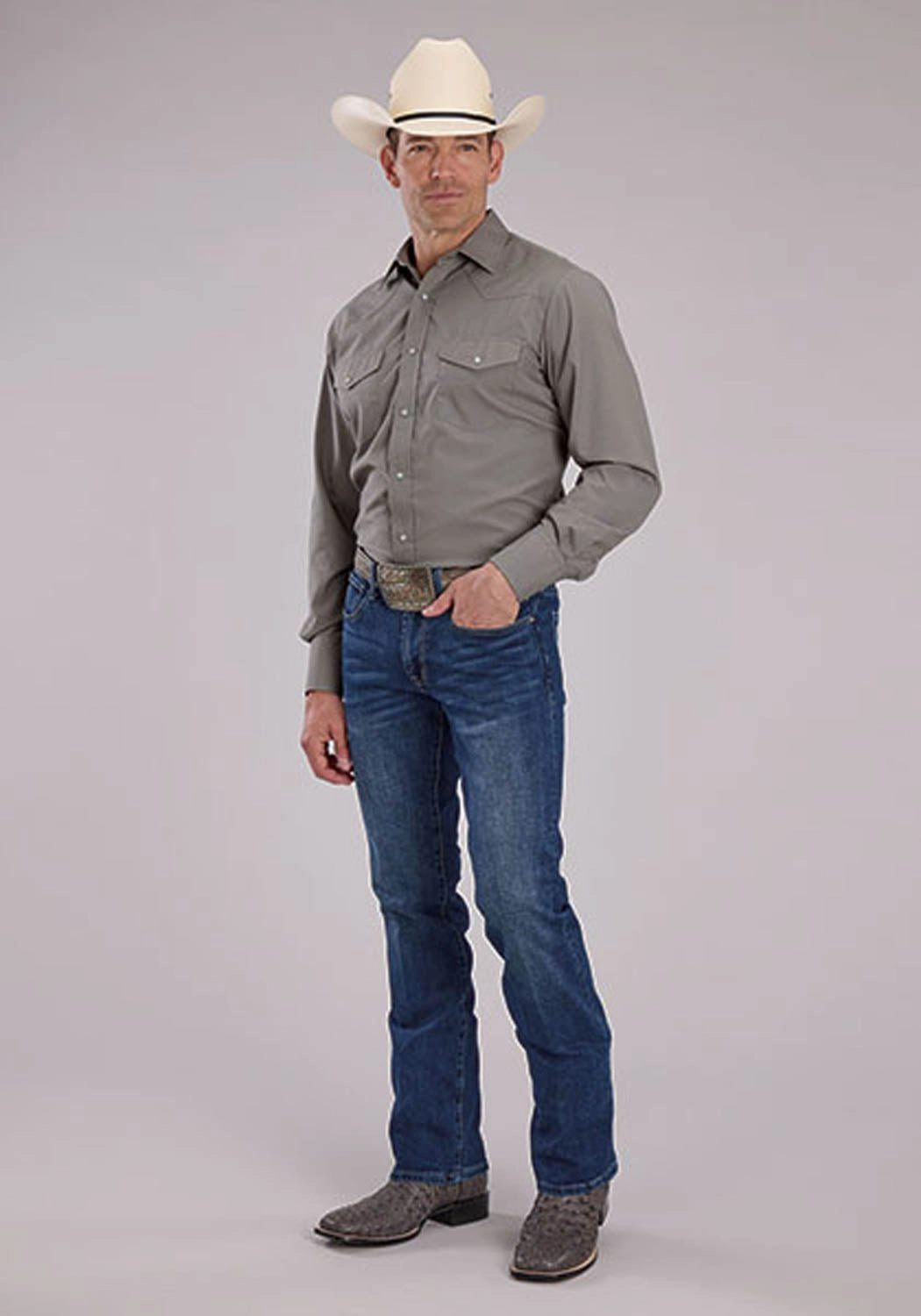 Contemporary Look Neutral Tones Roper Mens 2475 Solid Broadcloth Light Smokey Grey Cotton Blend L/S Shirt