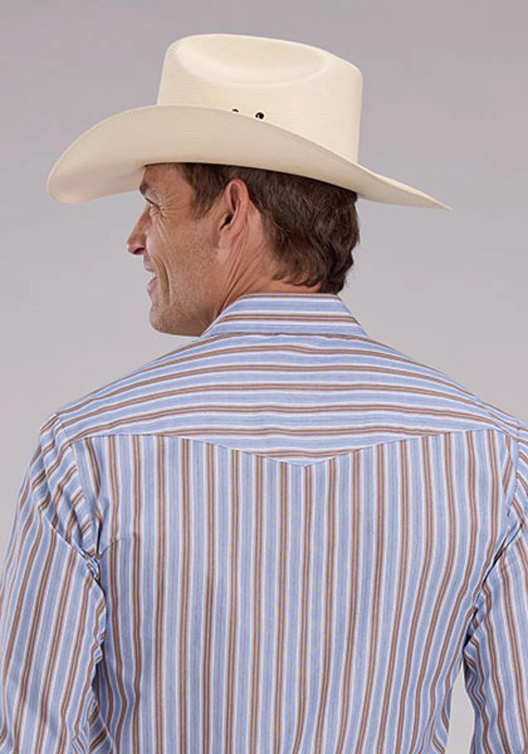 Roper Mens 2476 Western Stripe Brown/Blue Cotton Blend L/S Shirt Abrasion Resistant Edging Comfort First Fit