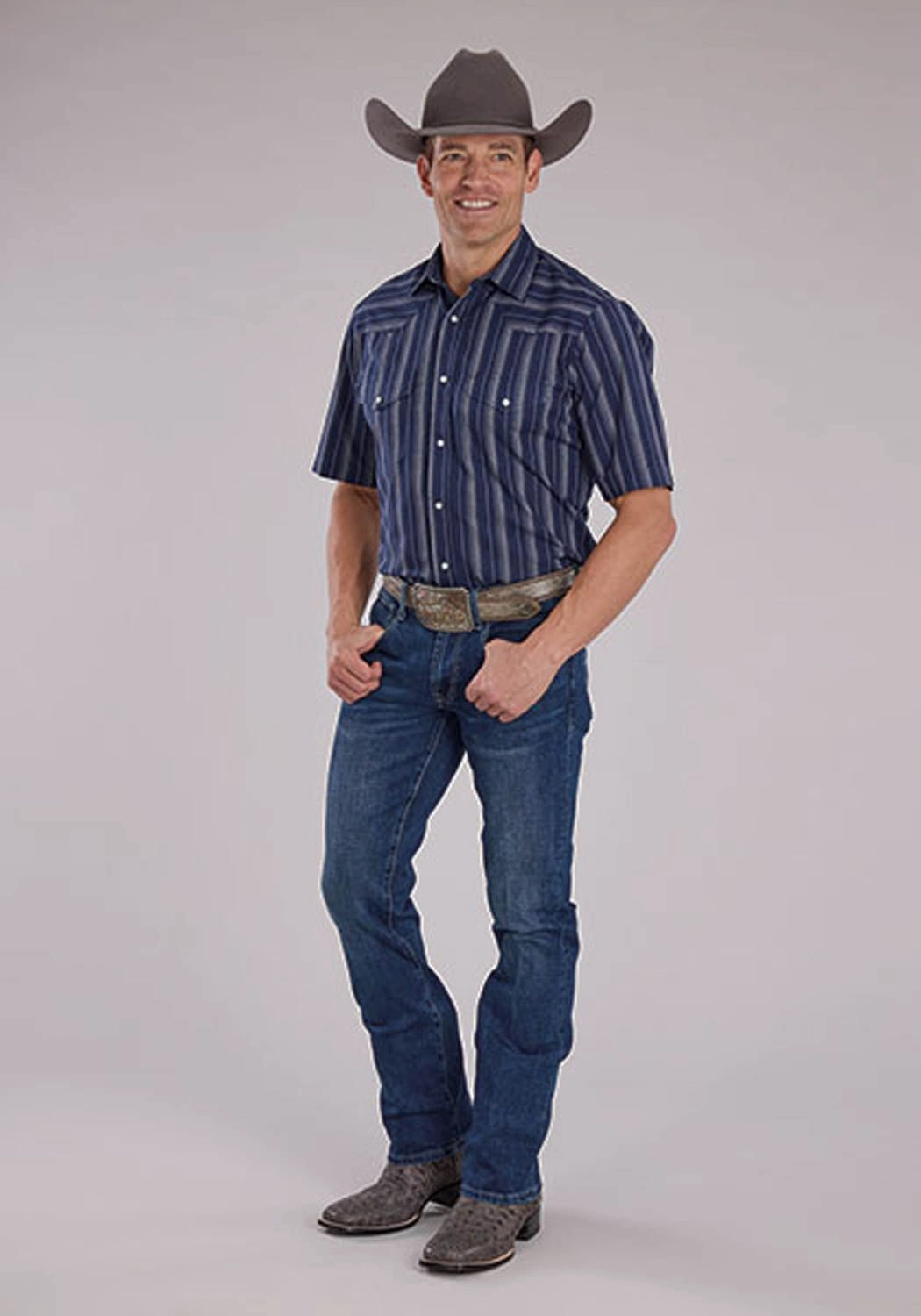 Easy Care Material Reinforced Side Vents Roper Mens 2477 Western Stripe Navy/Brown Cotton Blend S/S Shirt
