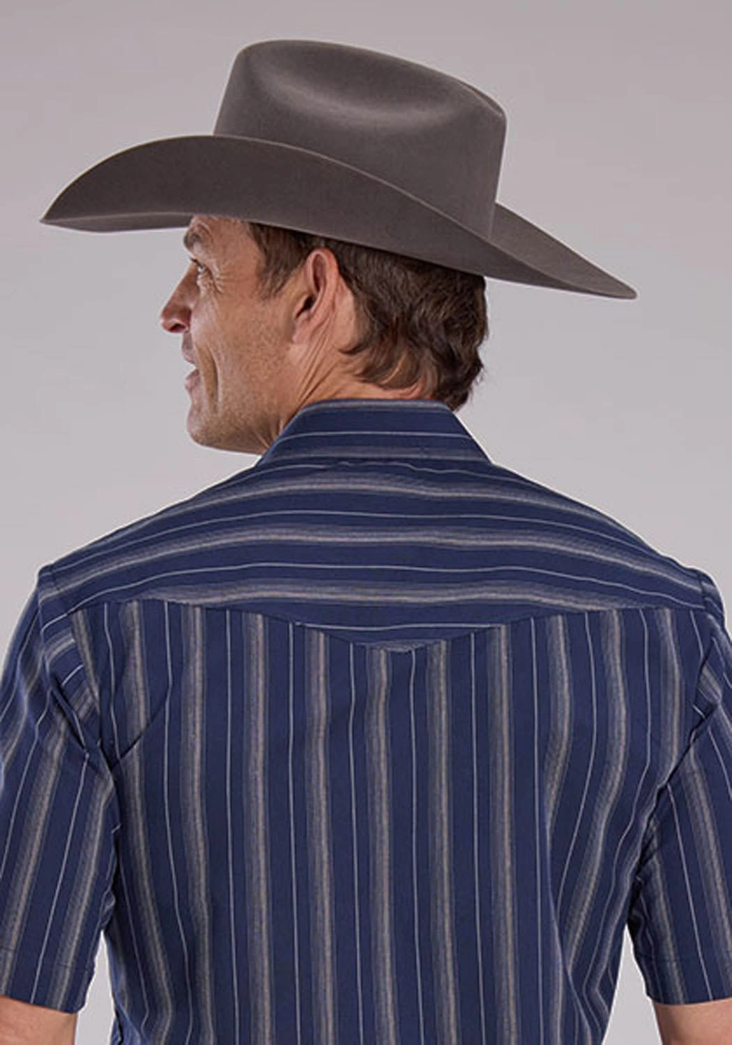 Roper Mens 2477 Western Stripe Navy/Brown Cotton Blend S/S Shirt Checkered Look