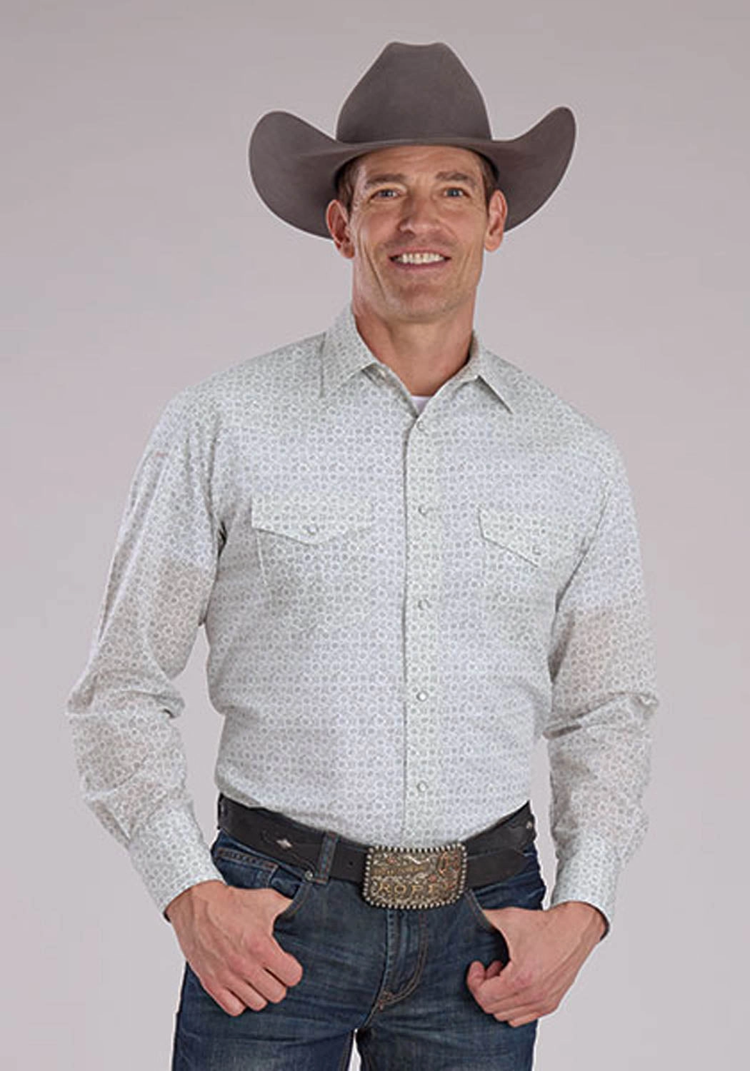 Non Irritating Tags Roper Mens 2481 Floral Print Grey Cotton Blend L/S Shirt