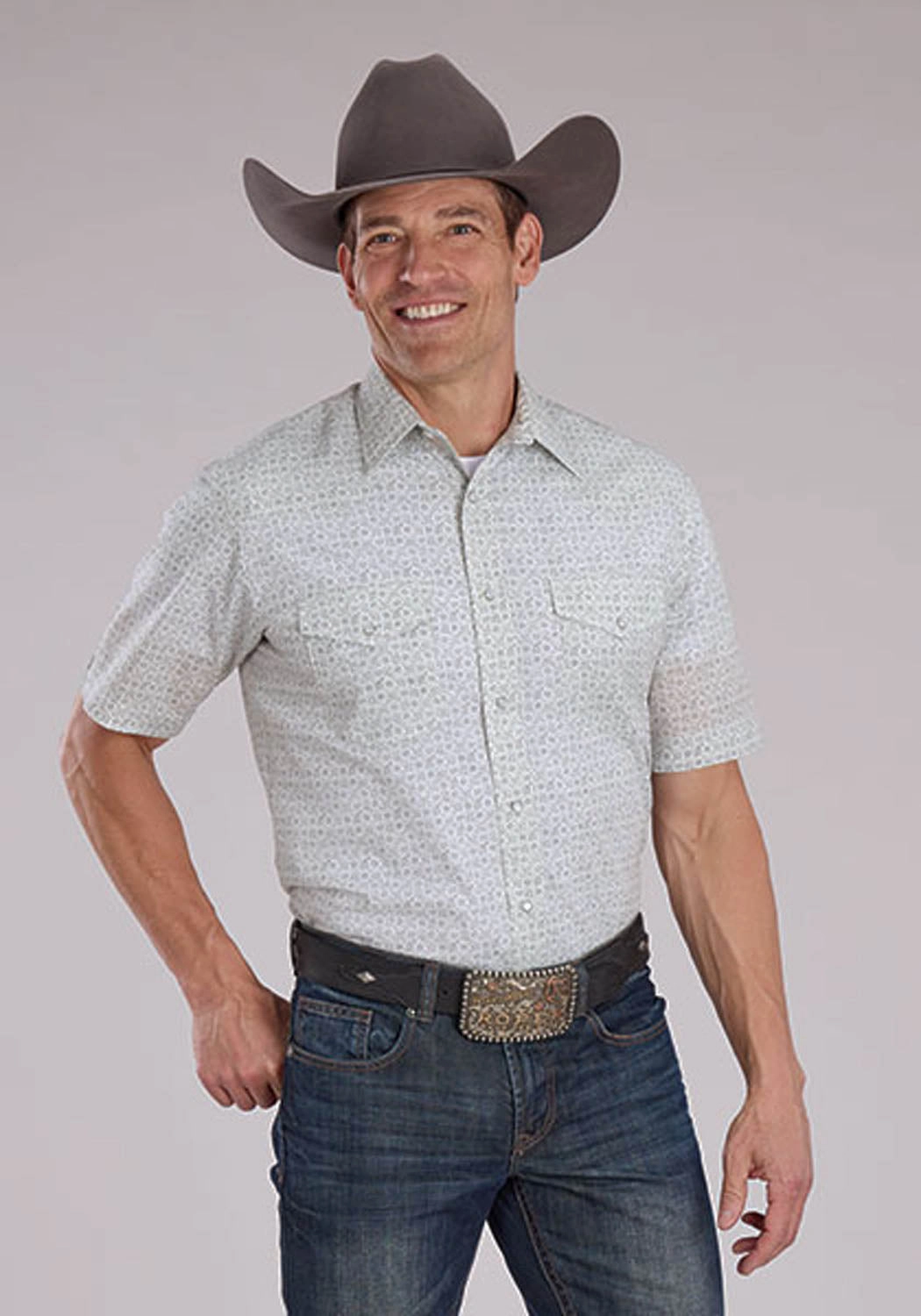 Roper Mens 2481 Floral Print Grey/White Cotton Blend S/S Shirt Breathable back panel Layered Hemline