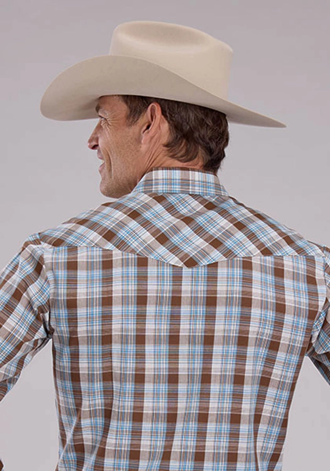 Roper Mens 2483 Western Plaid Cocoa/Sky Blue Cotton Blend L/S Shirt Adjustable Cuff Closure Soft Texture