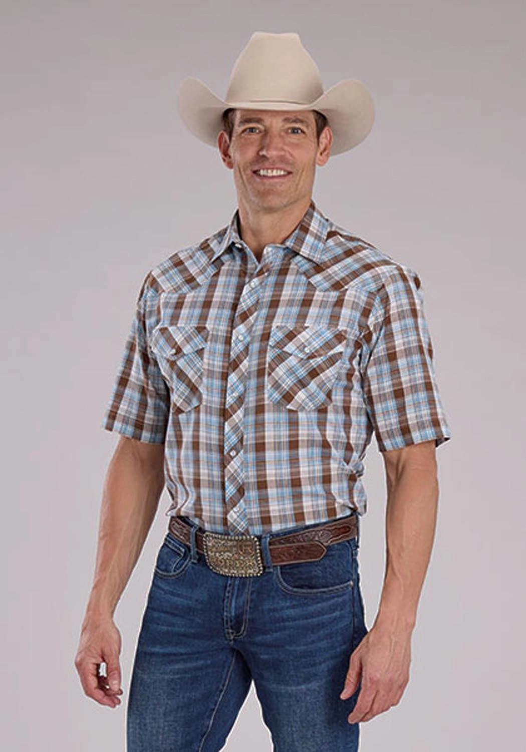 Customizable Option Anti Pill Treatment Roper Mens 2483 Western Plaid Cocoa/Sky Blue Cotton Blend S/S Shirt