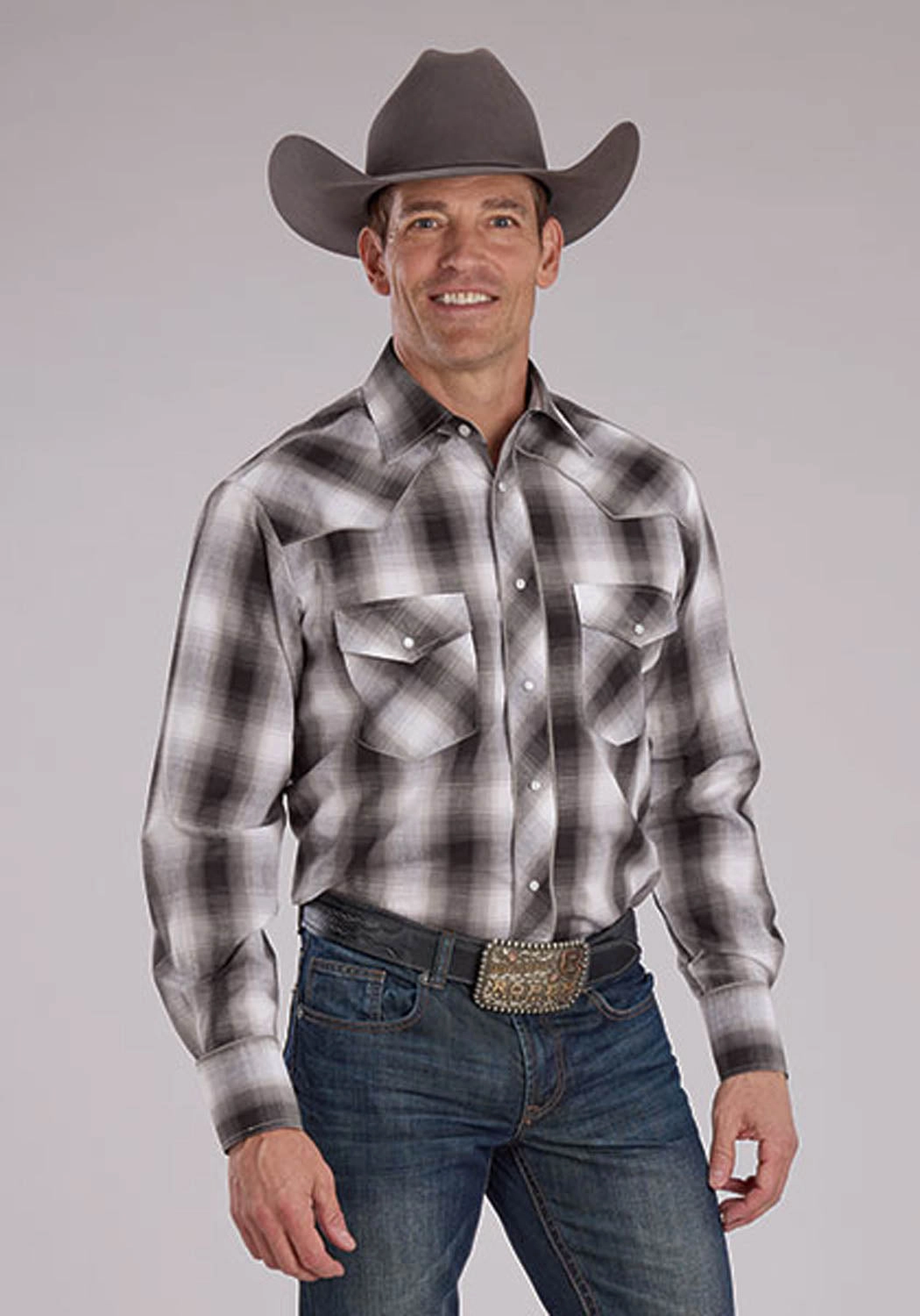 Roper Mens 2486 Yoked Horseshoe Grey/Black/White Cotton Blend L/S Shirt Outerwear Companion