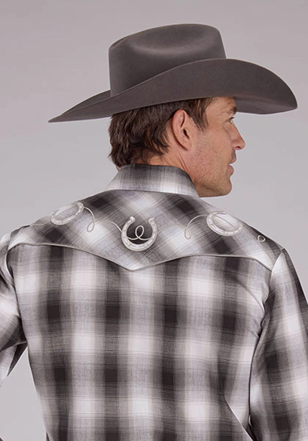 Non Iron Material Moisture Management Tech Roper Mens 2486 Yoked Horseshoe Grey/Black/White Cotton Blend L/S Shirt