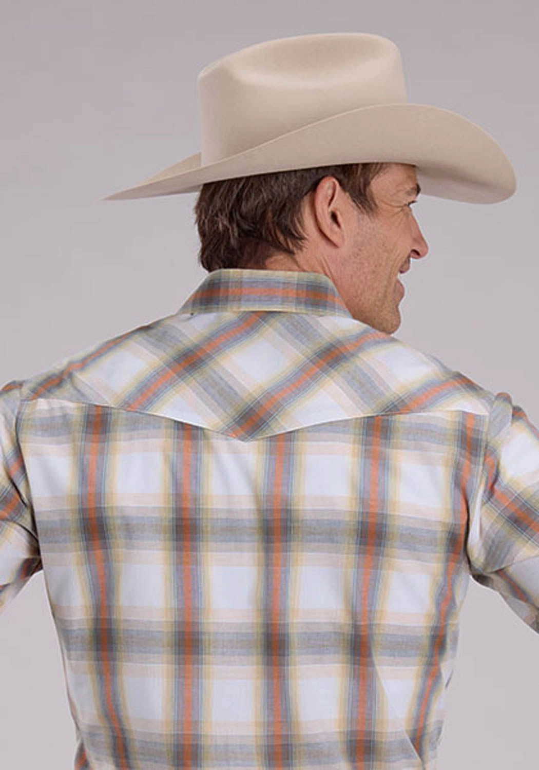 Stretch Fabric Roper Mens 2488 Western Plaid Cream/Tangerine Cotton Blend L/S Shirt