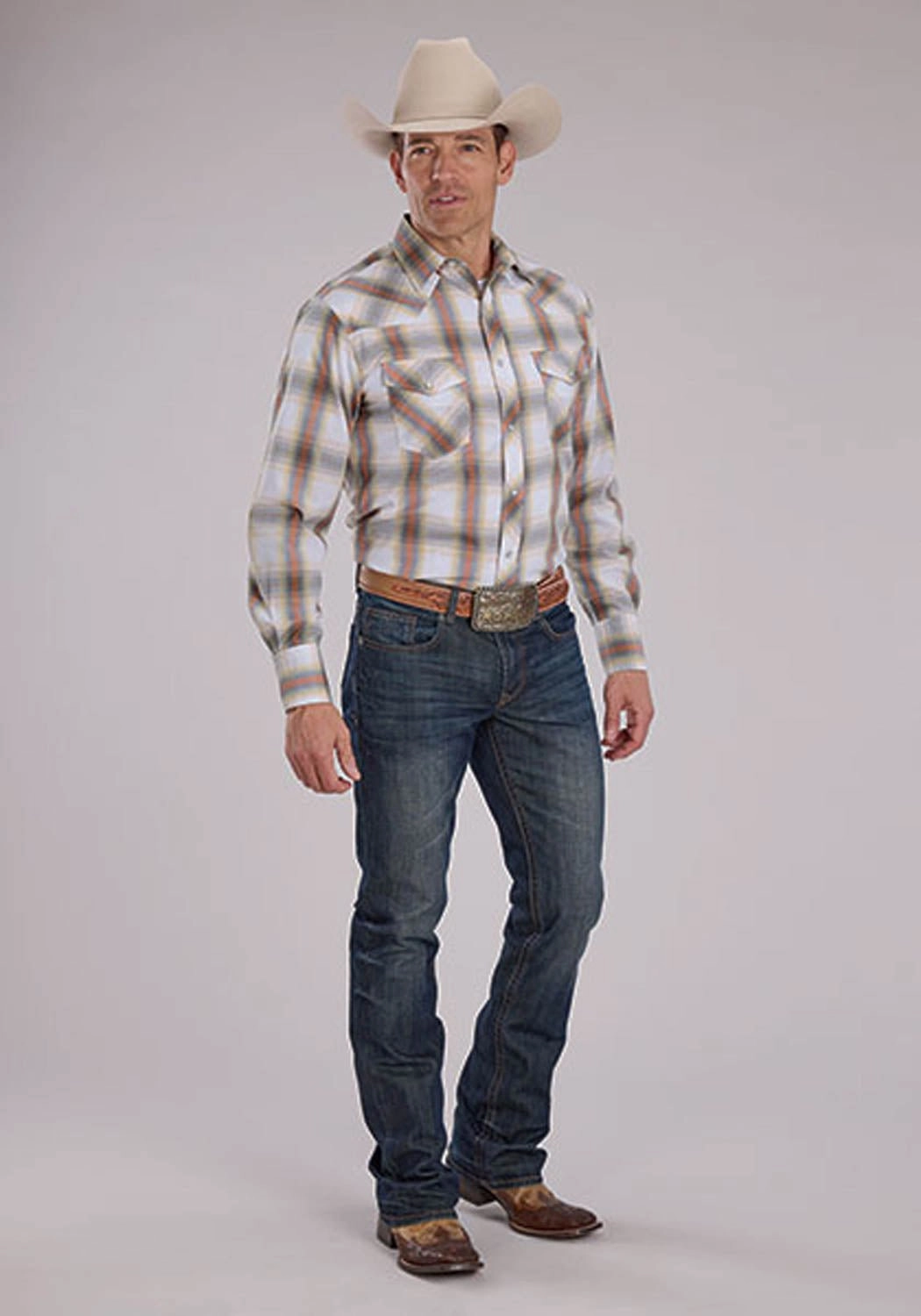 Tagless Design Comfort-First Roper Mens 2488 Western Plaid Cream/Tangerine Cotton Blend L/S Shirt
