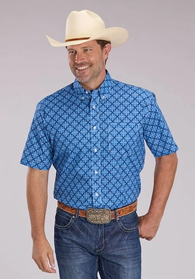 Roper Mens 2497 Ribbon Medallion Blue 100% Cotton 1 Pkt S/S Shirt Moisture Wicking Material
