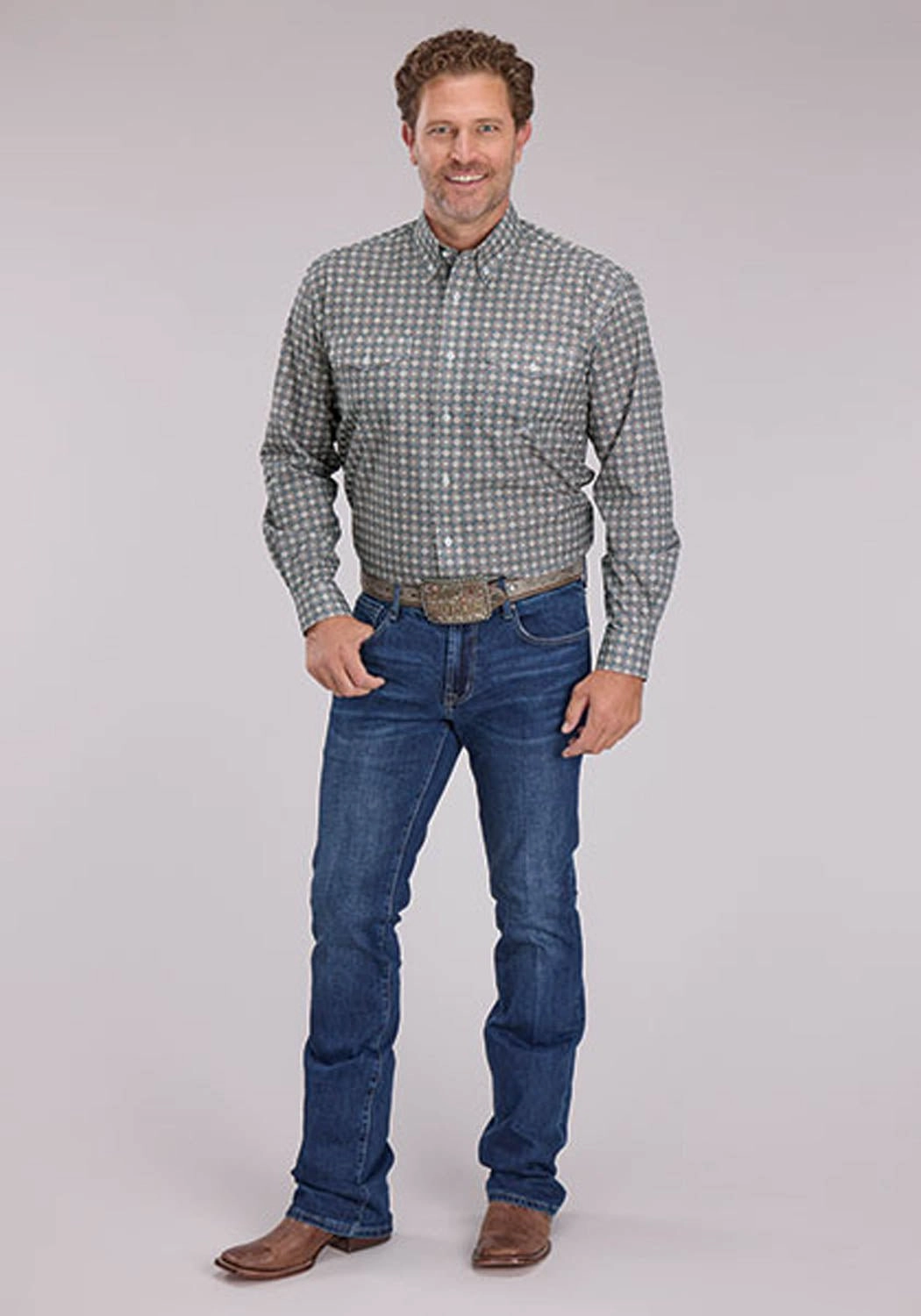 Roper Mens 2501 Medallion Foulard Grey 100% Cotton Btn L/S Shirt Advanced Moisture Management Reinforced Buttonholes