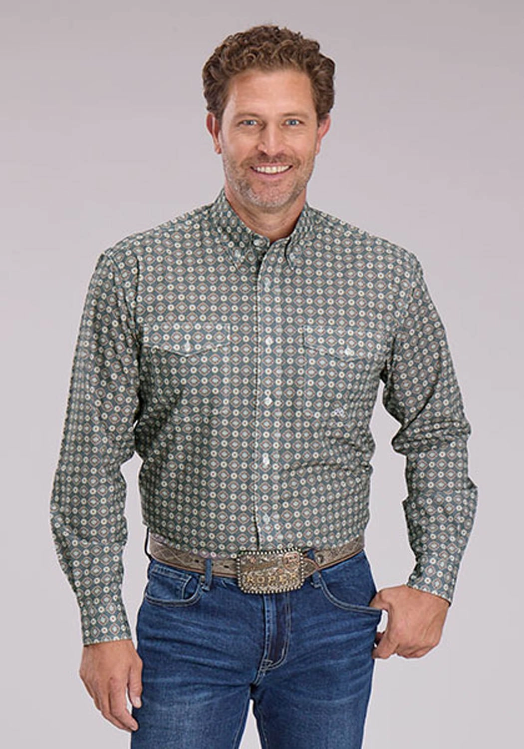 Roper Mens 2501 Medallion Foulard Grey 100% Cotton Btn L/S Shirt Mountain Retreat Hidden Button Placket