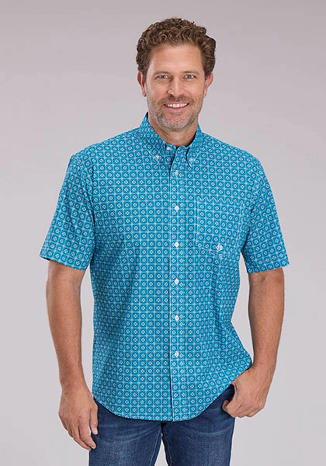 Roper Mens 2503 Bluebird Foulard Blue 100% Cotton 1 Pkt S/S Shirt Non Restrictive Fit