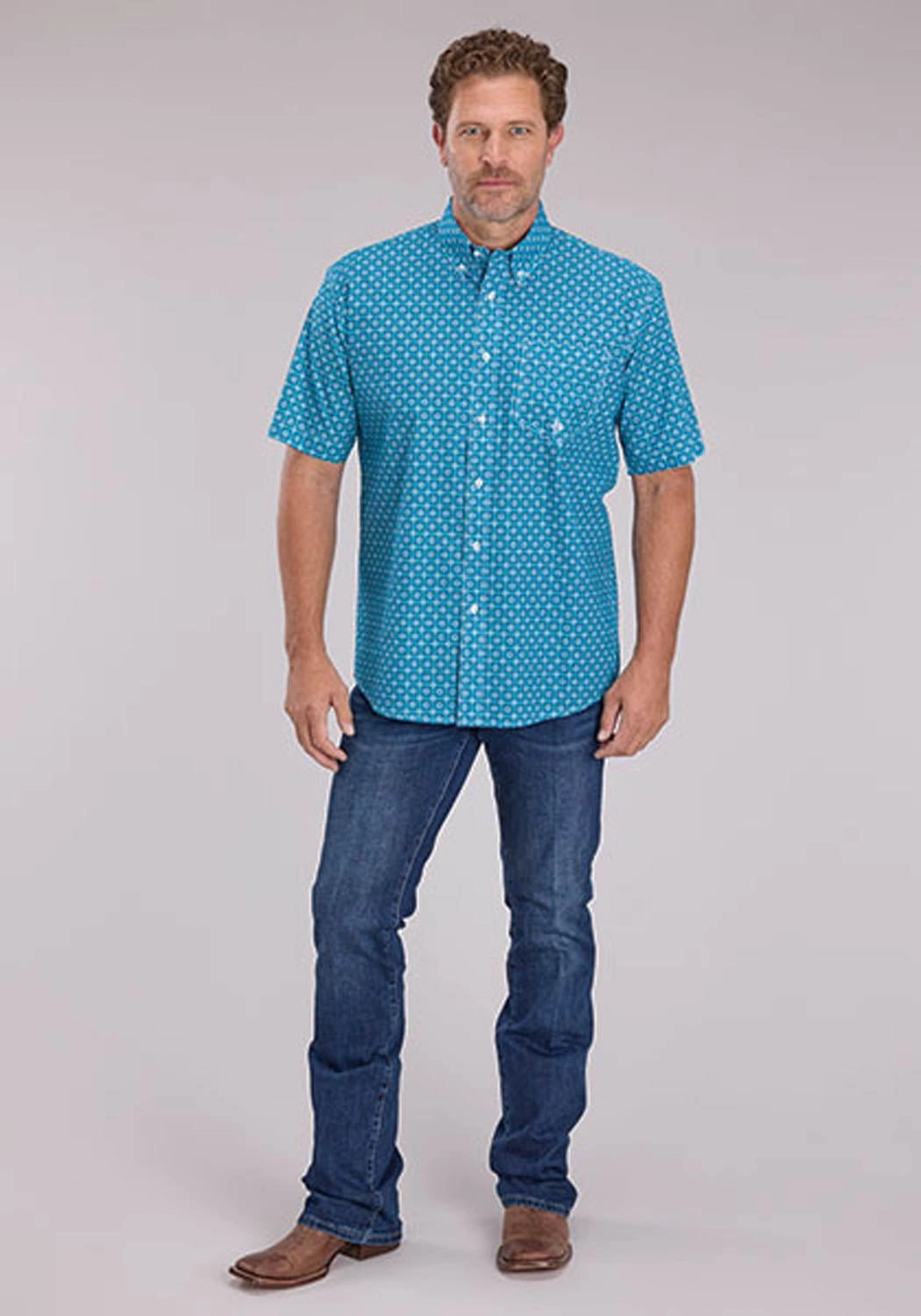 Flexible Shoulder Construction Roper Mens 2503 Bluebird Foulard Blue 100% Cotton 1 Pkt S/S Shirt