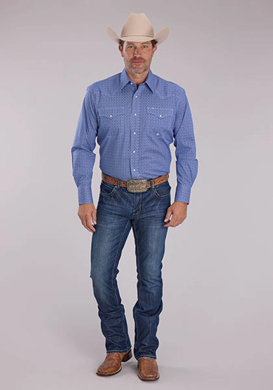 Thermoregulating Layer Double Stitched Hems Roper Mens 2508 Stretch Foulard Blue Cotton Blend L/S Shirt