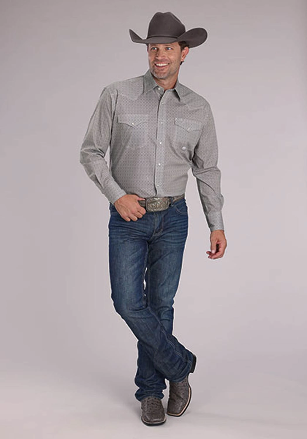 Unisex Choice Roper Mens 2508 Stretch Foulard Grey Cotton Blend L/S Shirt