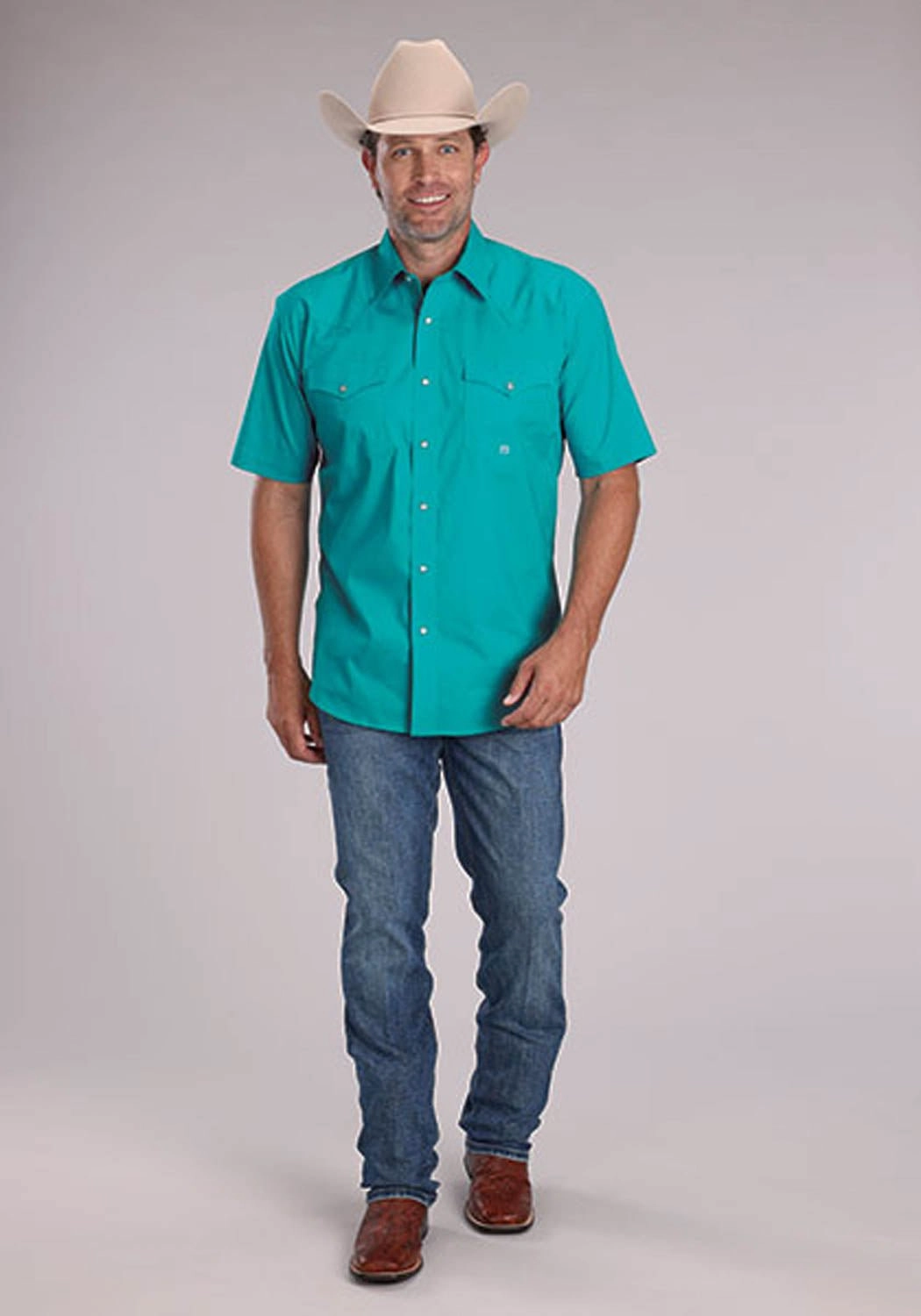 Roper Mens 2509 Solid Stretch Poplin Turquoise Cotton Blend S/S Shirt Bold Prints Timeless elegance