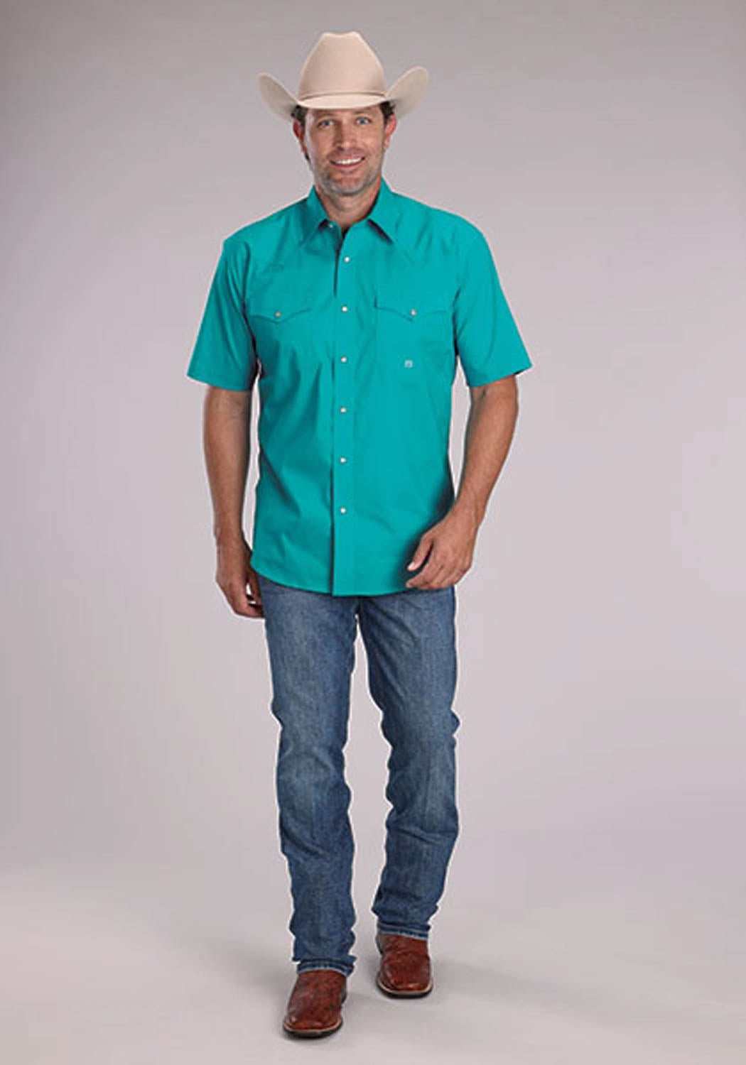 Country Escape Non Chafe Seams Roper Mens 2509 Solid Stretch Poplin Turquoise Cotton Blend S/S Shirt