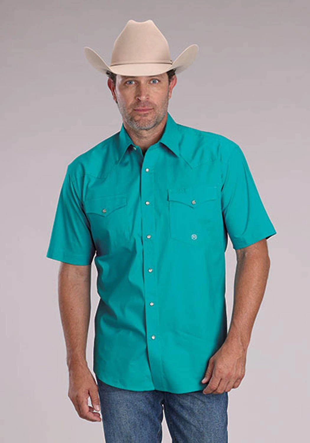 Roper Mens 2509 Solid Stretch Poplin Turquoise Cotton Blend S/S Shirt Coffee Run