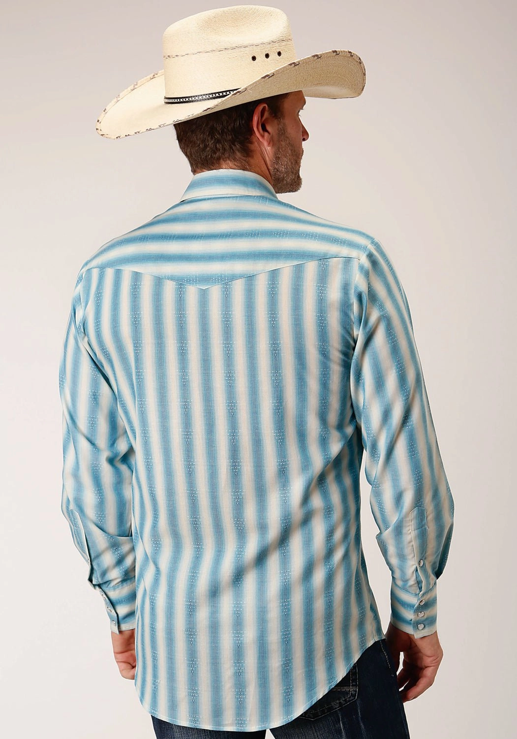 Roper Mens 55/45 Ombre Stripe Aqua/Cream Cotton Blend L/S Shirt Festival Outfit Compact Fold Design