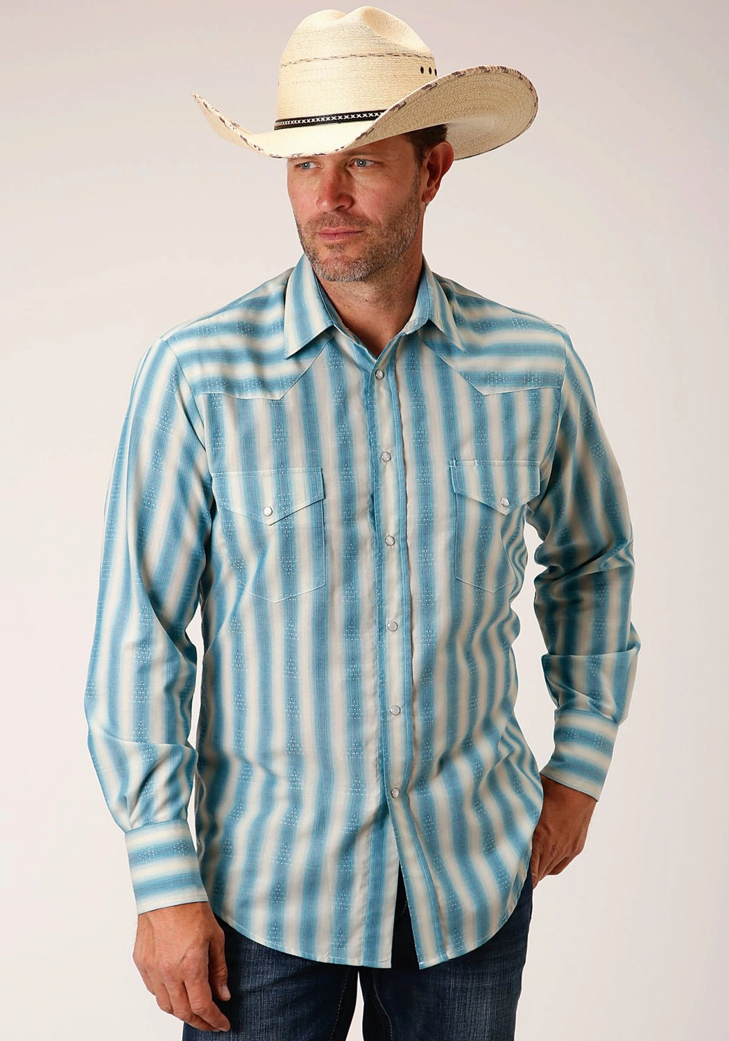 Roper Mens 55/45 Ombre Stripe Aqua/Cream Cotton Blend L/S Shirt Corporate Event