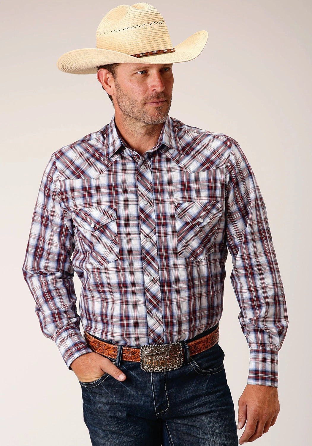 Fitted Cut Roper Mens 55/45 Plaids Wine/Navy Cotton Blend L/S Shirt