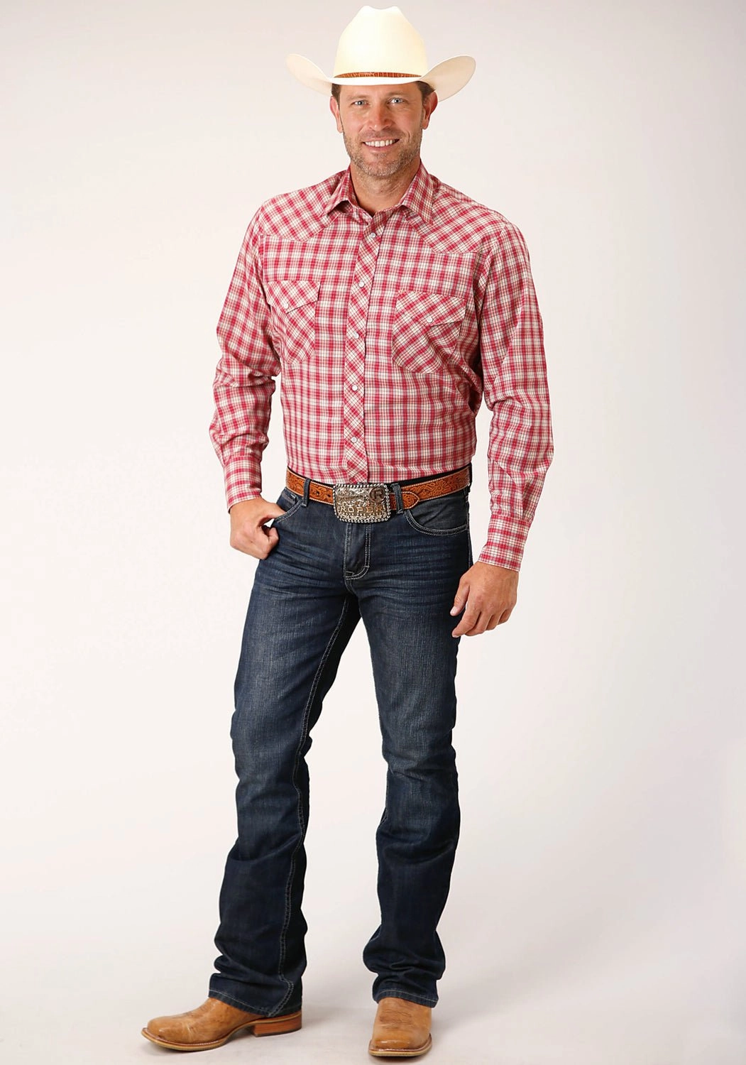 Timeless Classic Odor Resistant Roper Mens 55/45 Small Scale Red Multi Cotton Blend L/S Shirt