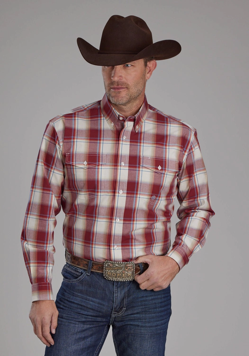 Roper Mens 57 Chevy Plaid Red 100% Cotton Btn L/S Shirt All-Weather Ready Organic Cotton