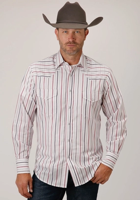 Roper Mens 80/20 Stripes Grey/Red 80% Polyester/20% Cotton L/S Shirt Comfortable Fabric Year-Round Wear