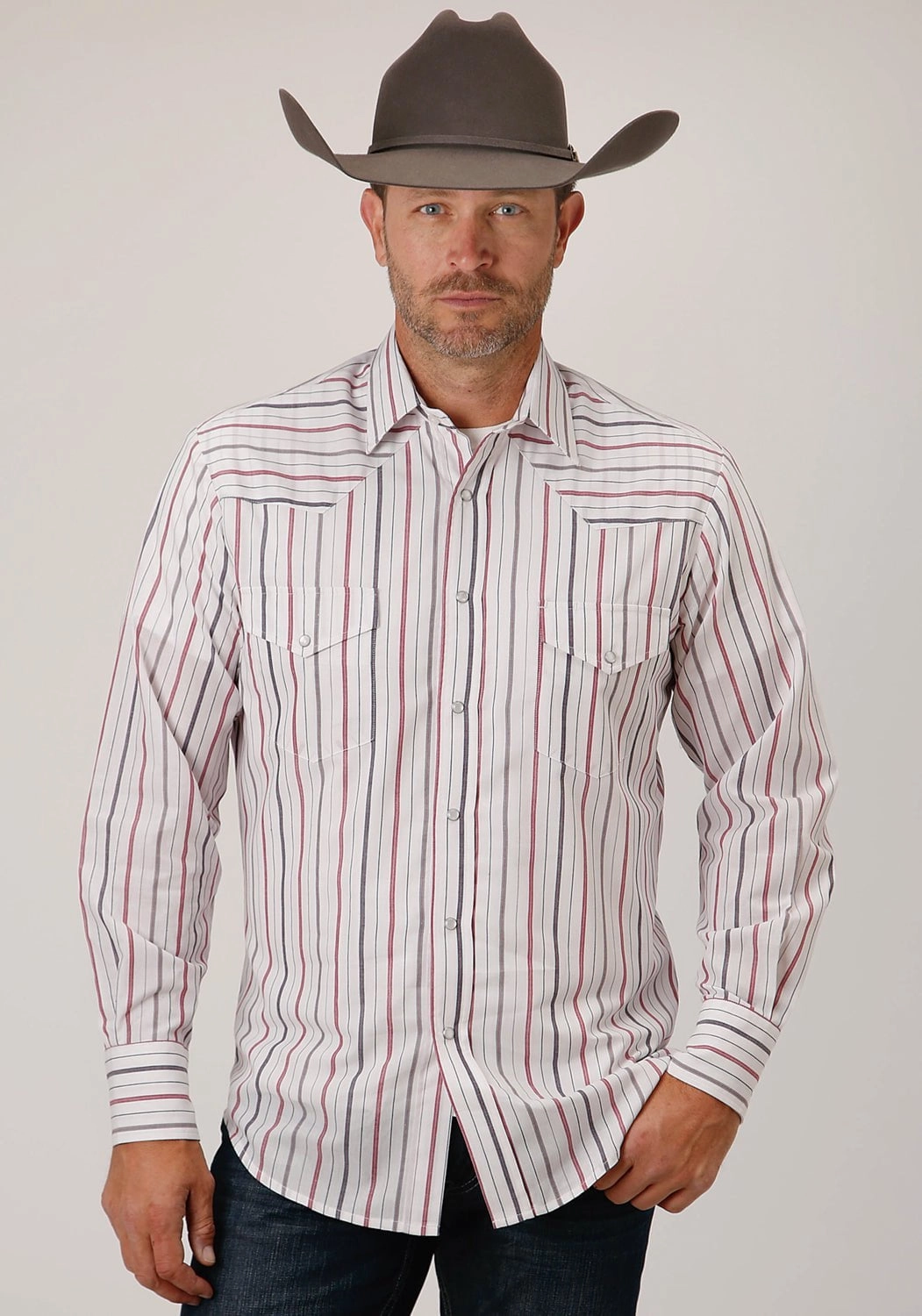Soft Collar Design Roper Mens 80/20 Stripes White/Grey 80% Polyester/20% Cotton L/S Shirt