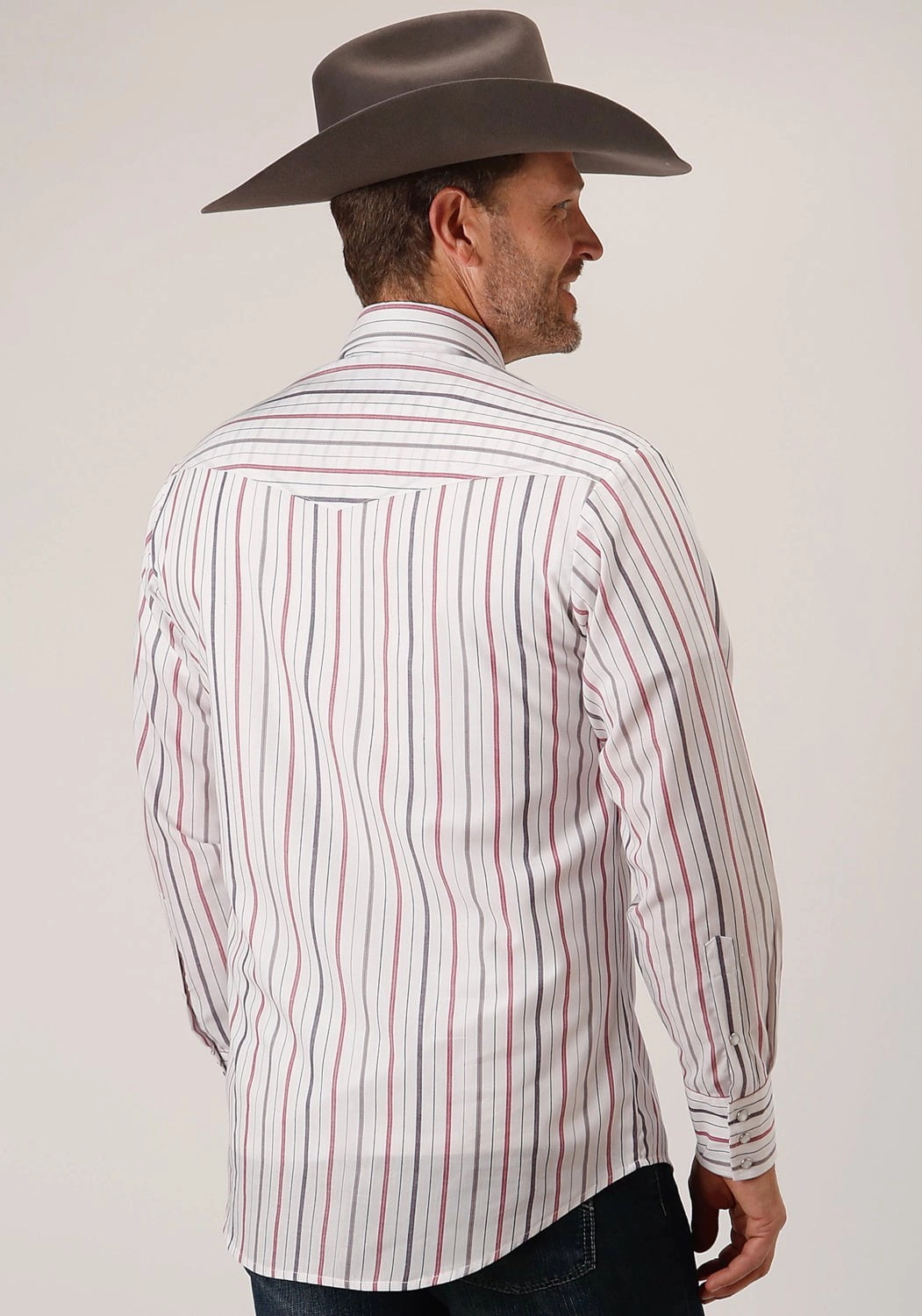 Roper Mens 80/20 Stripes White/Grey 80% Polyester/20% Cotton L/S Shirt Budget Friendly Yoke Design