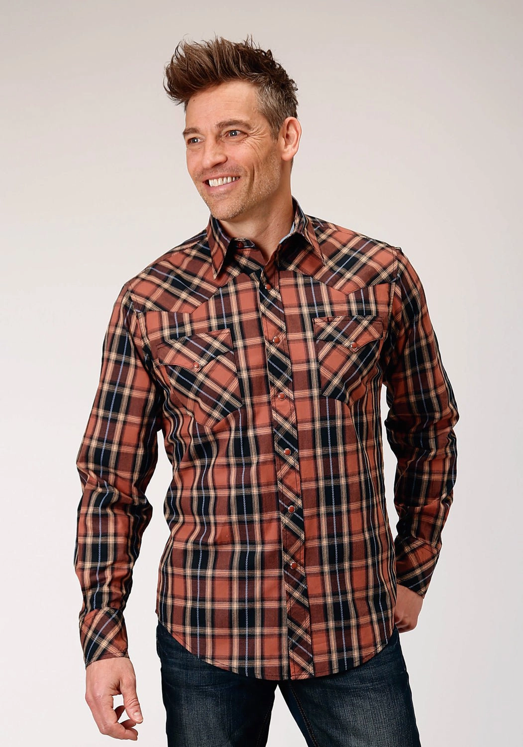 Organic Cotton Sustainable Manufacturing Process Roper Mens Arrow Dobby Plaid Brown 100% Cotton L/S Shirt