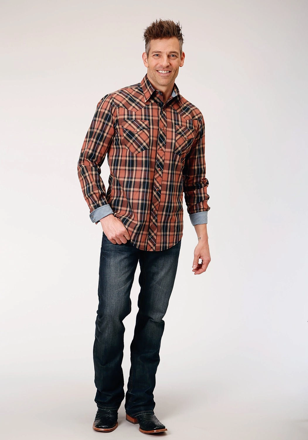 Neutral Colors Warm Insulation Roper Mens Arrow Dobby Plaid Brown 100% Cotton L/S Shirt