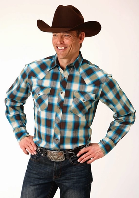 Fade Resistant Formula Roper Mens Arrow Plaid Brown 100% Cotton L/S Shirt