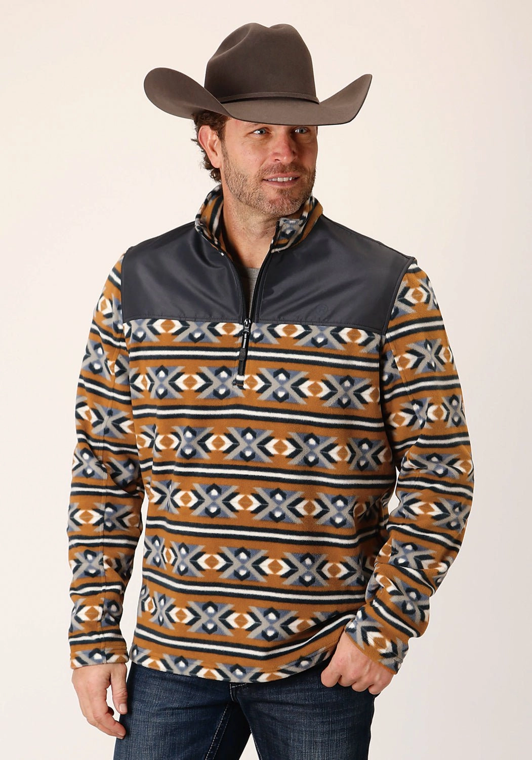Roper Mens Aztec Print Orange 100% Polyester Fleece Jacket Temperature Regulating Fill Seamless Welded Construction