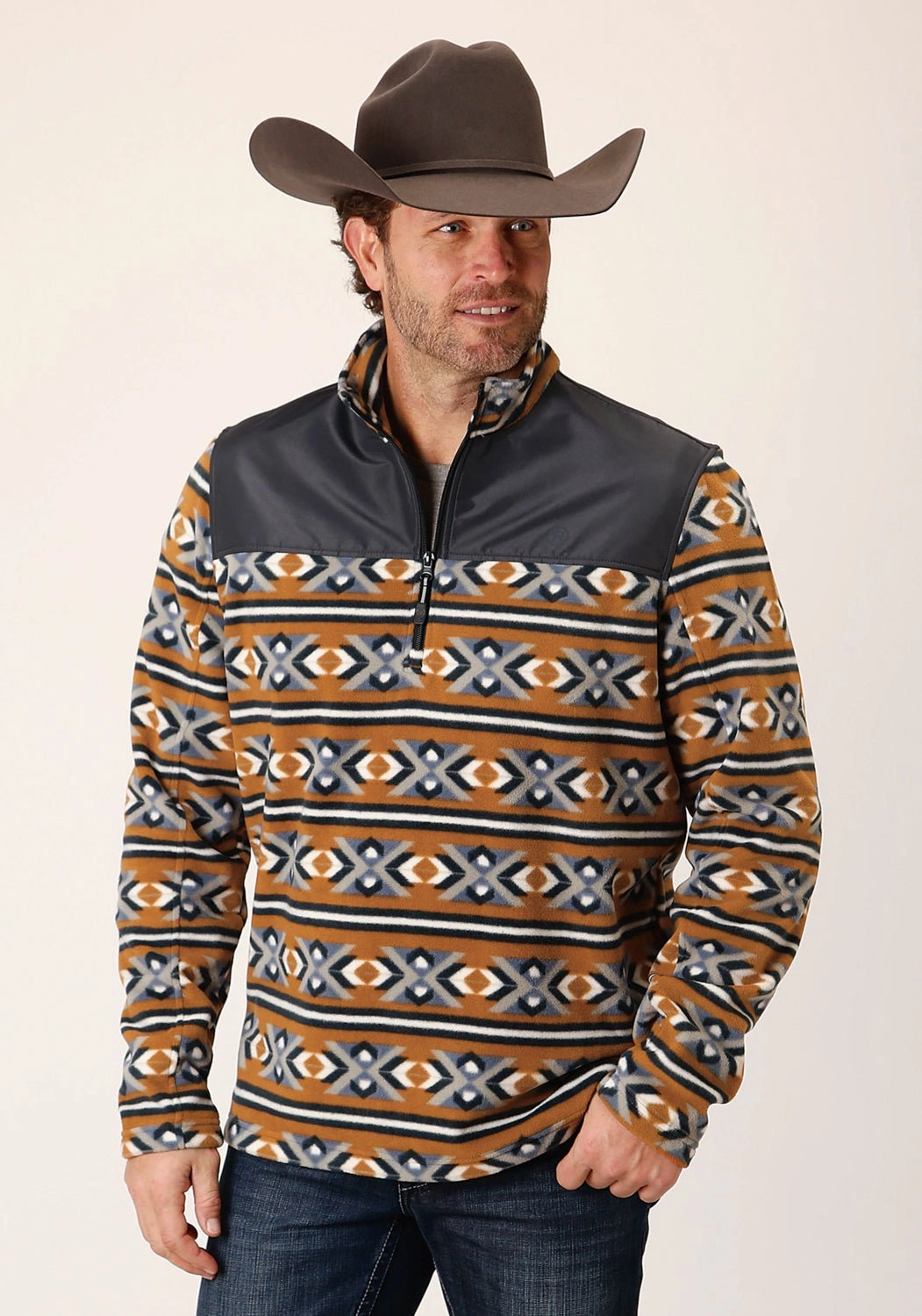 Pre Shrunk Cotton Blend Roper Mens Aztec Print Orange 100% Polyester Fleece Jacket