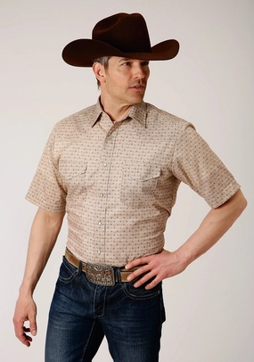 Roper Mens Beige/Rust Cotton Blend Vintage Floral S/S Shirt Seamless Shoulder Construction Beach Ready