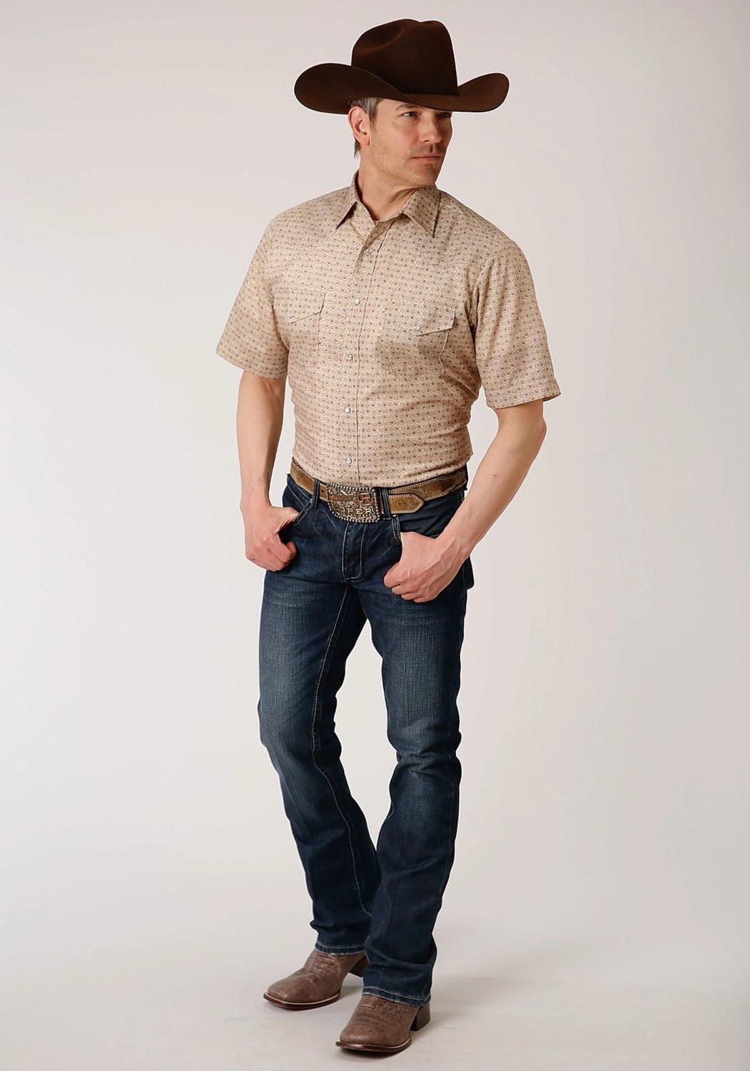 Custom Fit Roper Mens Beige/Rust Cotton Blend Vintage Floral S/S Shirt