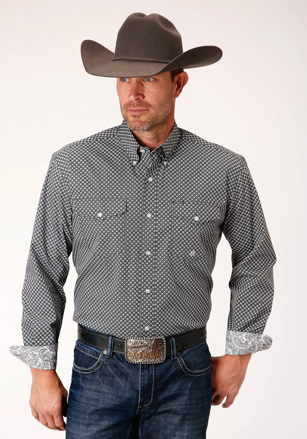 Temperature Regulating Roper Mens Black 100% Cotton Diamond Star Geo BD L/S Btn Shirt